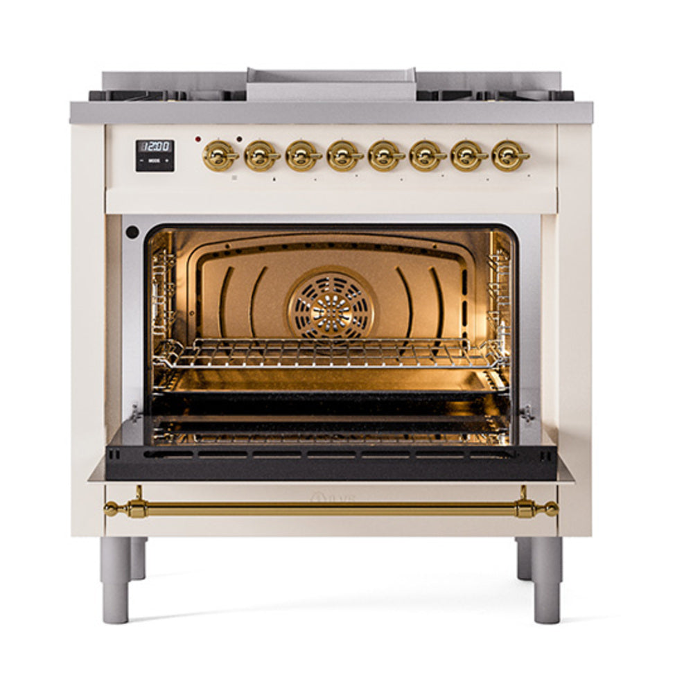 Antique white dual fuel range with open solid door oven and brass-edged front rail