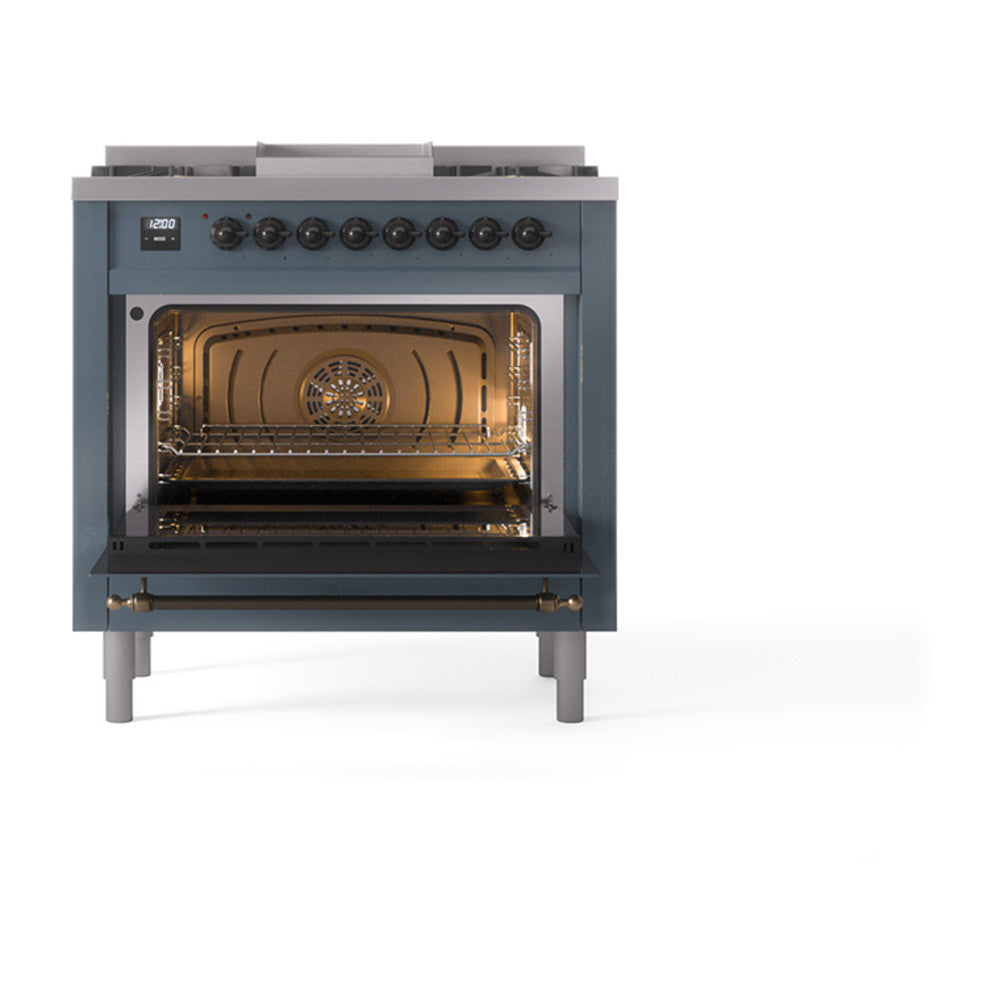 Blue gray 36-inch dual fuel range with open oven door showing interior rack