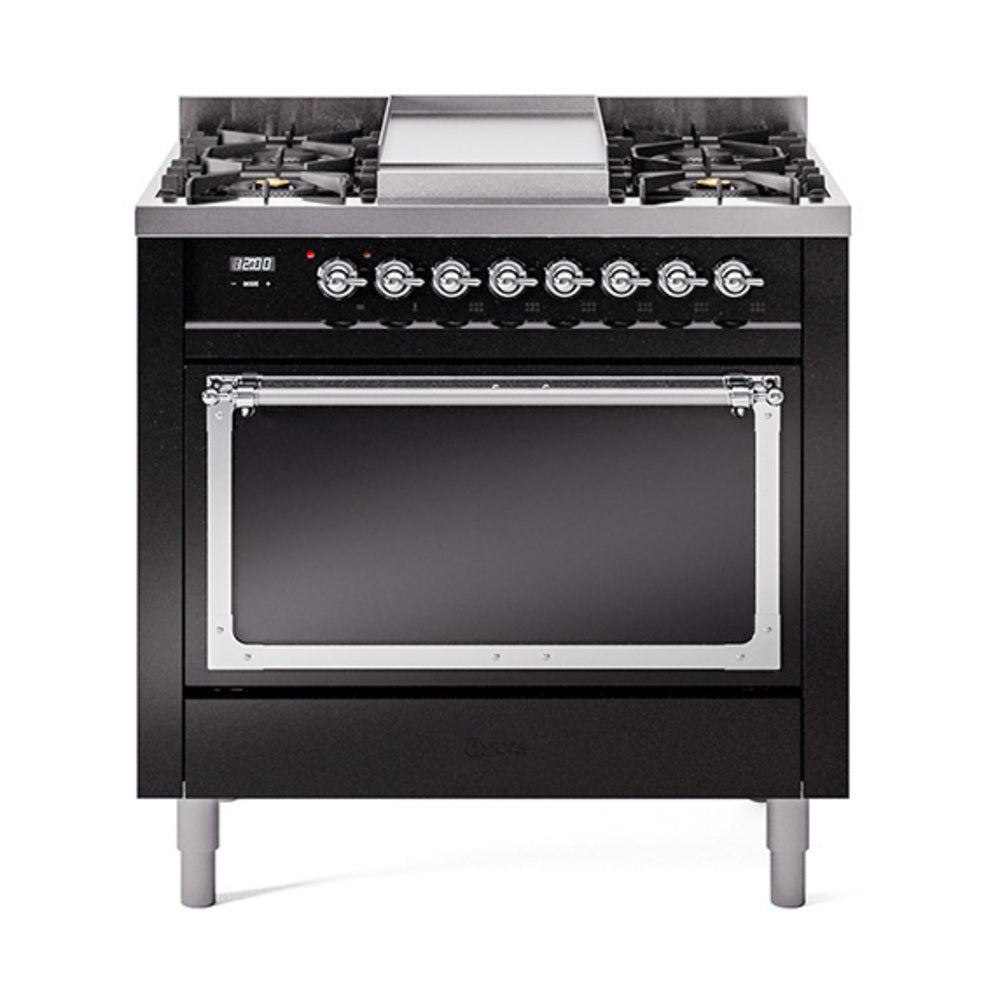 ILVE 36-inch glossy black dual fuel range with chrome-trim solid oven door