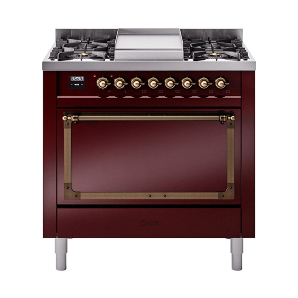 Burgundy ILVE dual fuel range with open oven door and bronze control trim