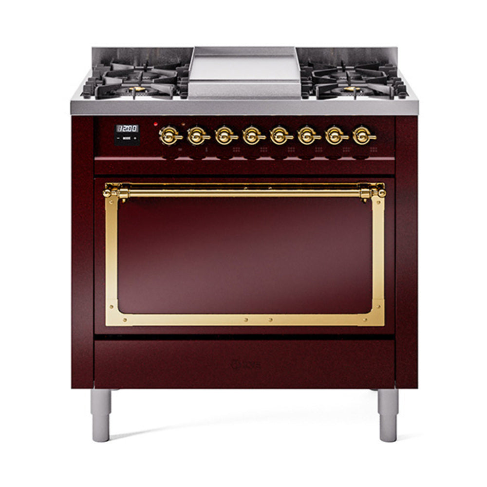Burgundy dual fuel gas range with brass-trimmed solid oven door and dual burner grates