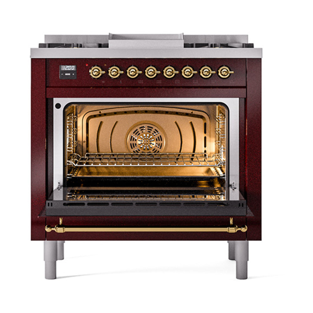 Burgundy dual fuel range with open oven door showing interior racks and burner controls