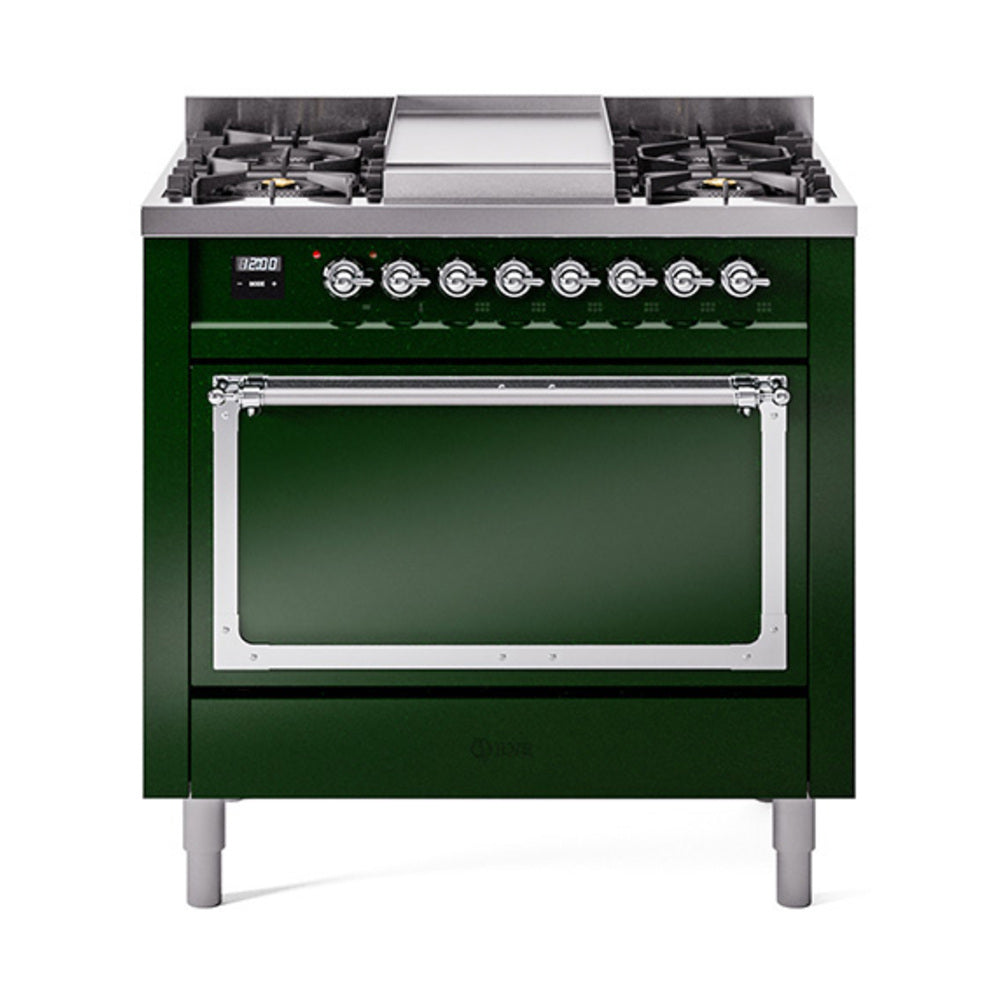 Emerald green dual-fuel gas range with chrome-trimmed oven door and control panel