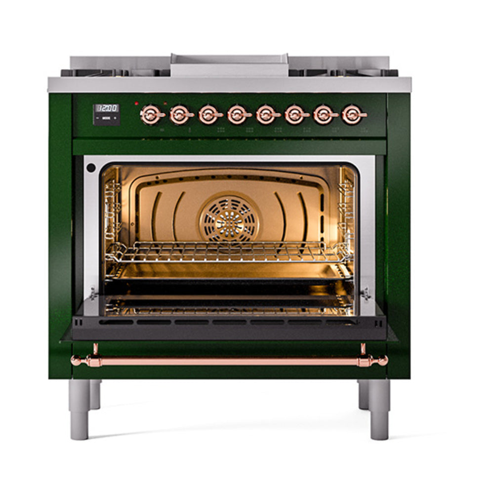 Emerald green dual fuel range with open, lit oven interior and copper trim control panel