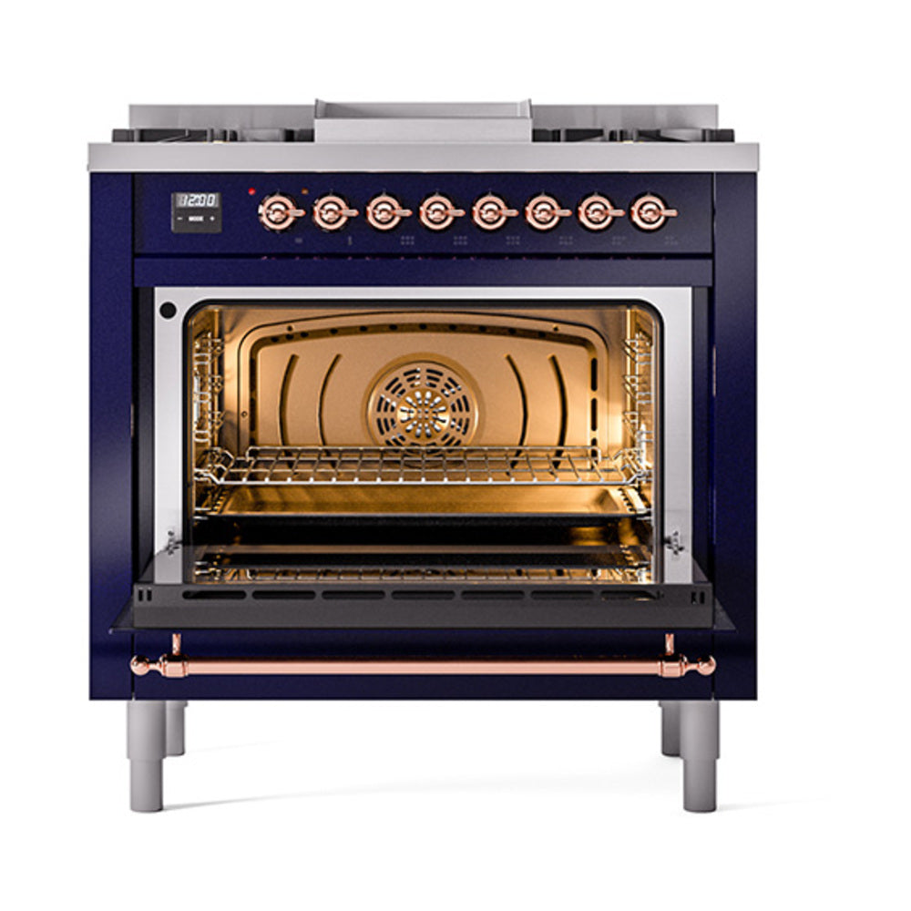 Oven door open, showing interior racks and back burner inside a midnight blue range