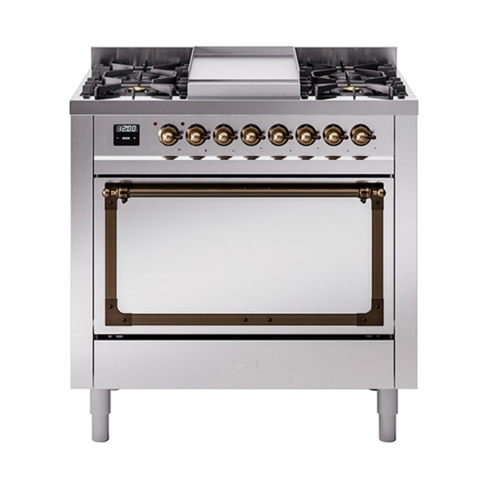 Stainless steel dual fuel range with bronze-trim controls and oven door window