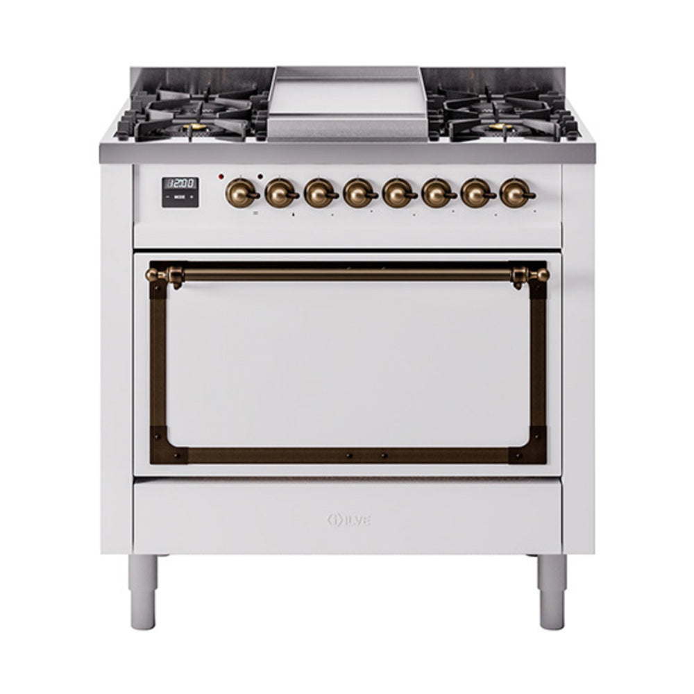 White dual-fuel range with bronze knobs, cooktop burners, and solid oven door