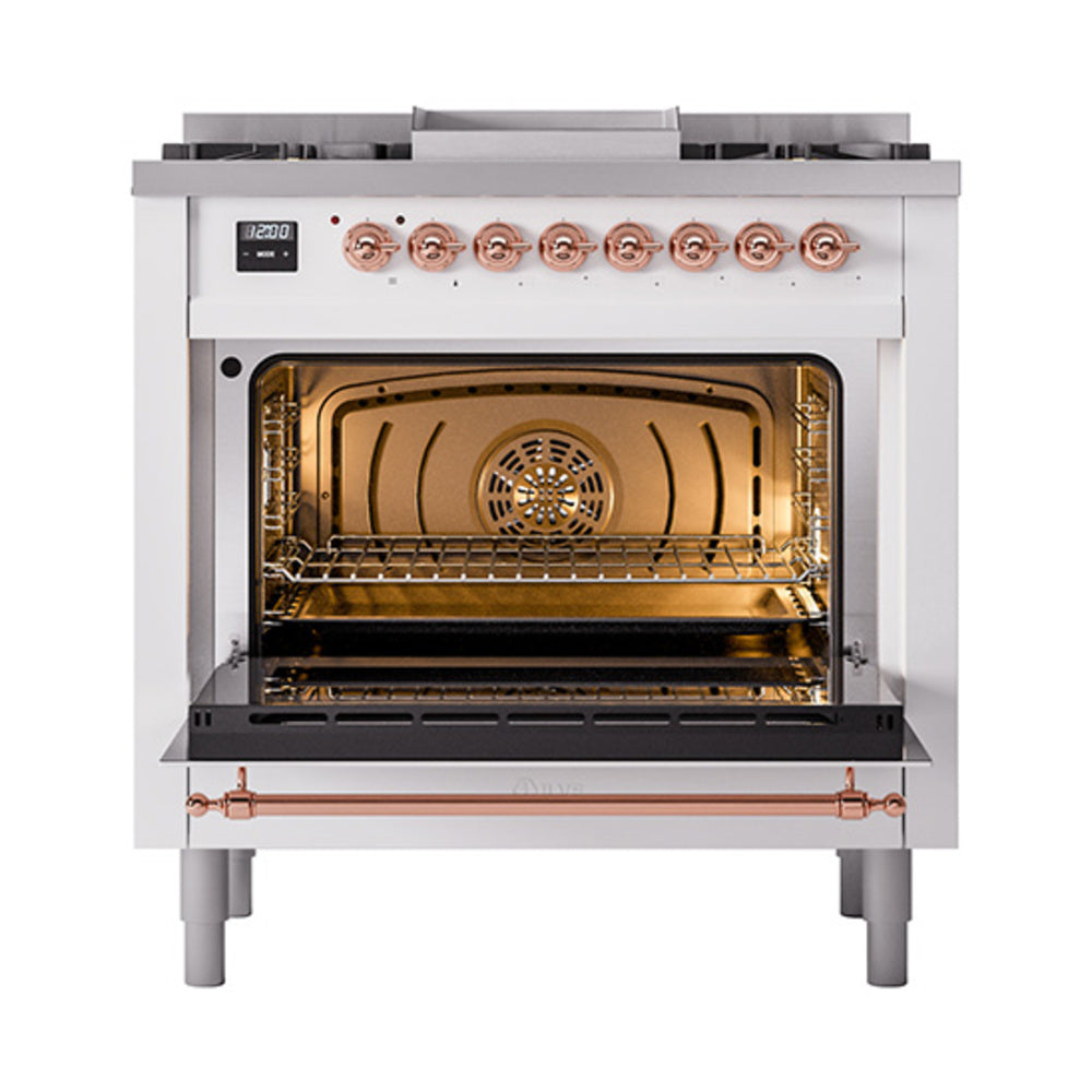White dual fuel range with open oven door showing interior rack and burner