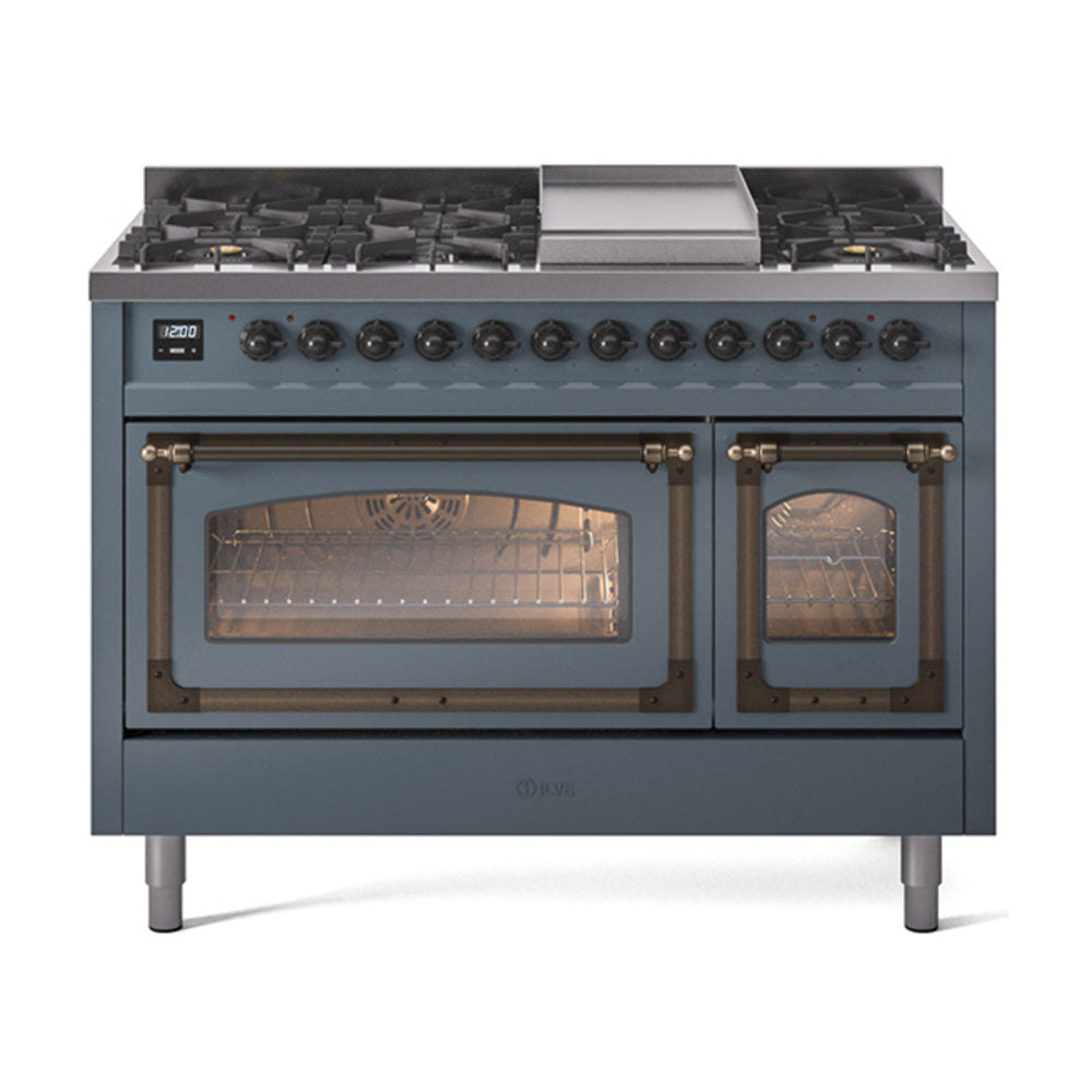 Freestanding dual fuel gas range in blue grey with bronze trim, two oven doors
