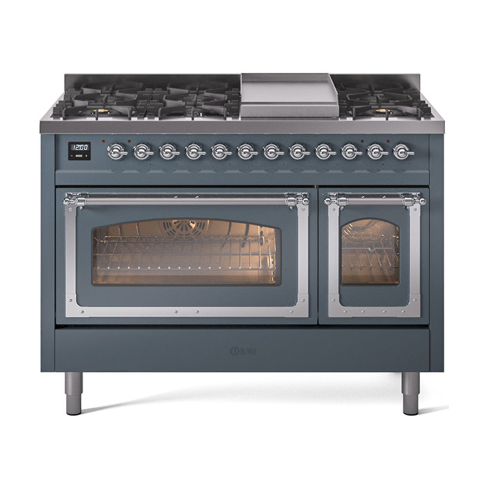Freestanding dual fuel range, blue grey with chrome trim; sealed burners and double oven doors