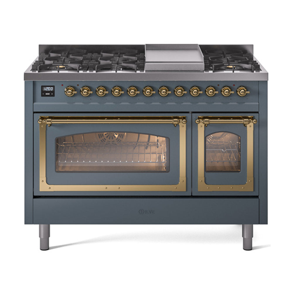 Blue grey freestanding gas dual fuel range with brass trim, open ovens and front burners.