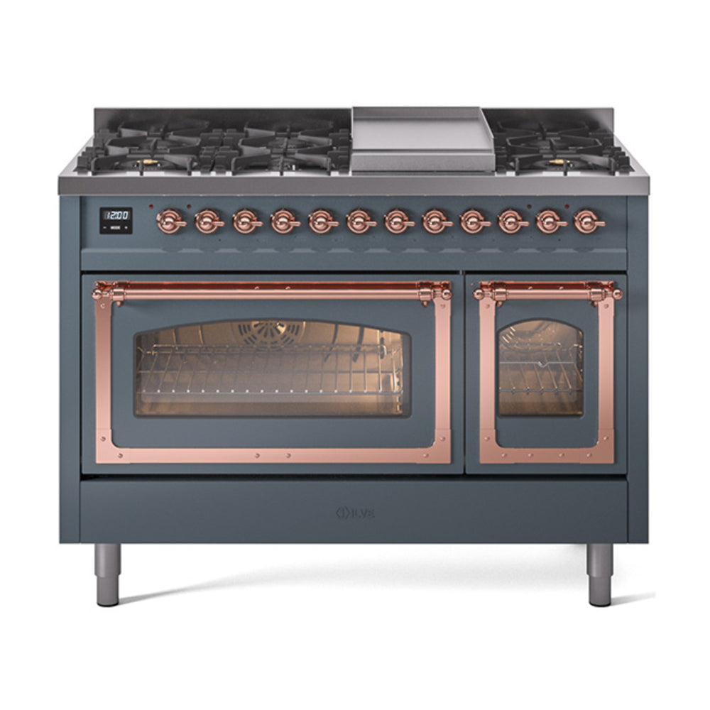 Blue-grey freestanding gas range with copper-trimmed ovens and burner grates