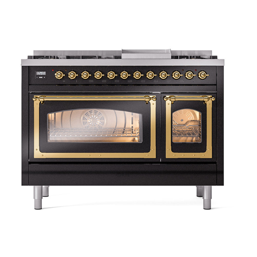 Freestanding dual fuel range in glossy black with brass trim, open front view of ovens