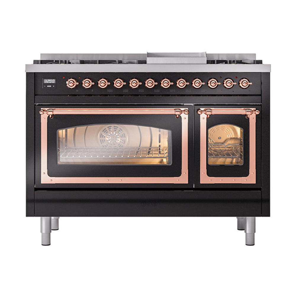 Freestanding dual-fuel gas range, glossy black with copper knobs, two illuminated oven windows