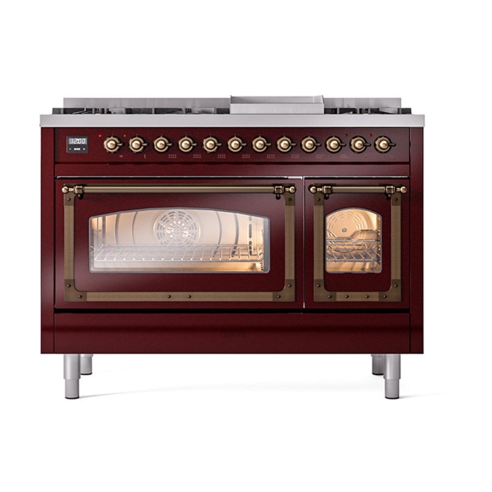 Freestanding dual fuel gas range in burgundy with bronze trim, burners and lit ovens