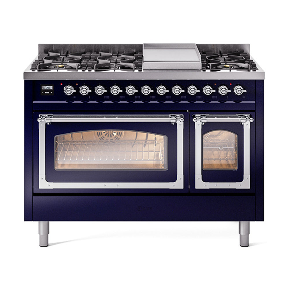 Freestanding dual fuel range in midnight blue with chrome trim, two ovens and griddle