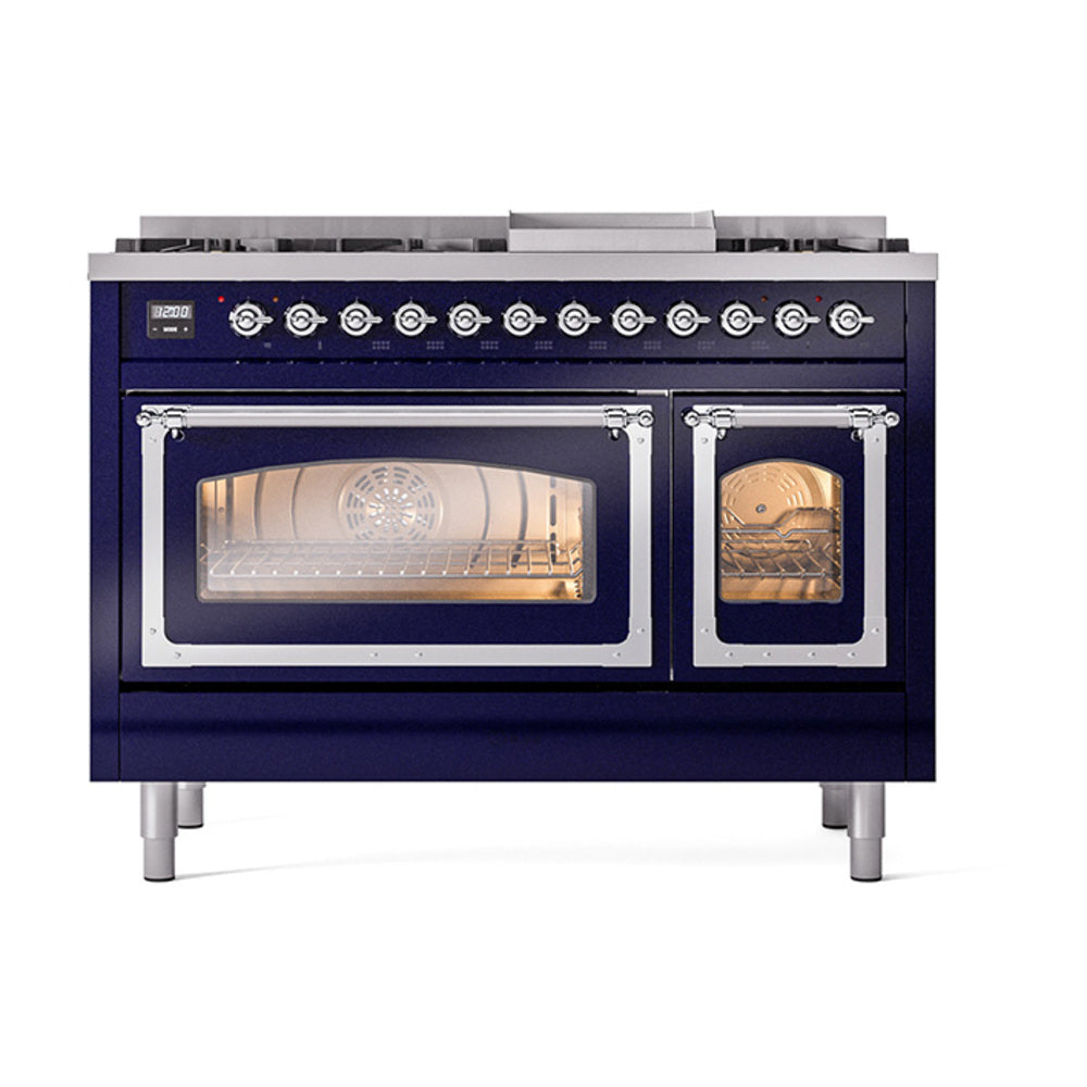 Midnight blue dual fuel freestanding range with two lit ovens and front knobs