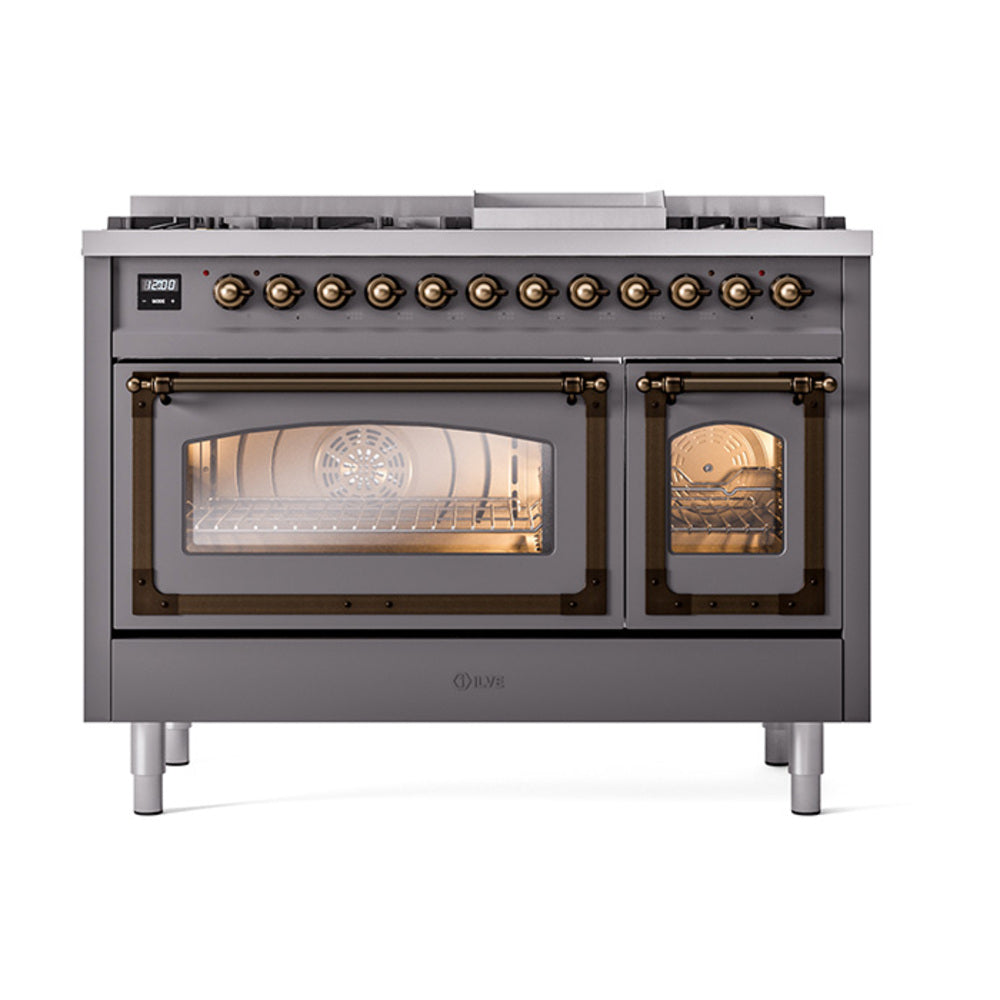 Matte graphite freestanding dual fuel range with bronze-trim controls and dual oven windows