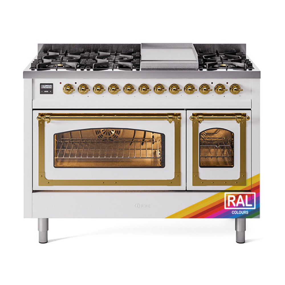 Freestanding dual fuel range with brass-trimmed doors, front knobs, and gas burners on top