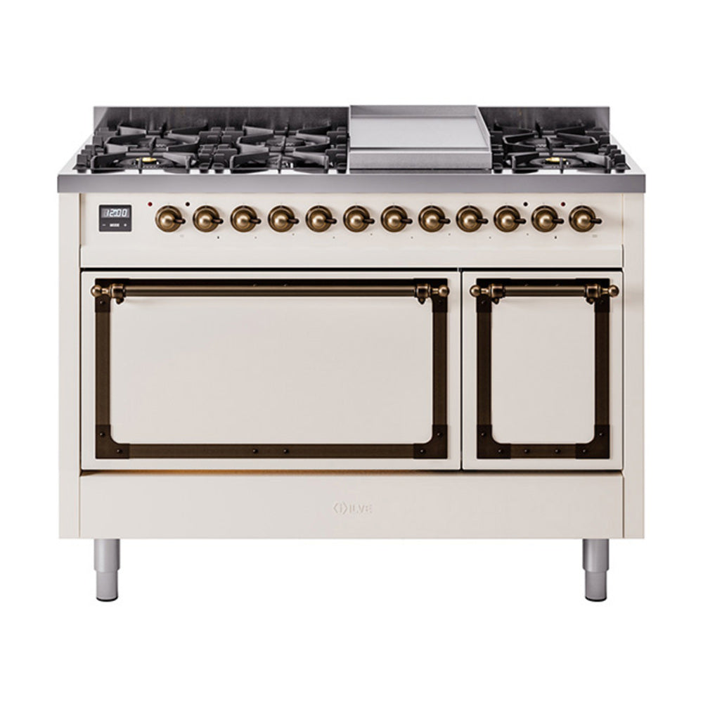 Antique white freestanding dual fuel range with bronze knobs and two oven doors