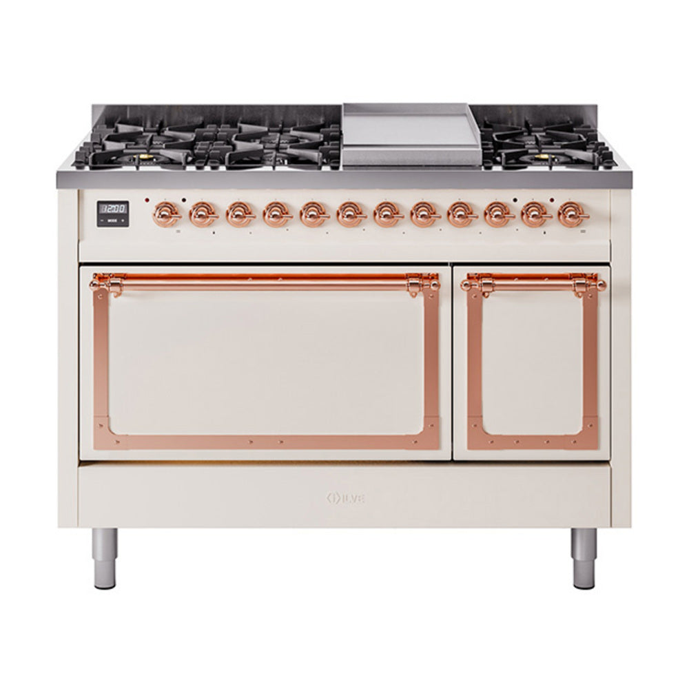Freestanding dual-fuel gas range, antique white with copper-trim oven doors
