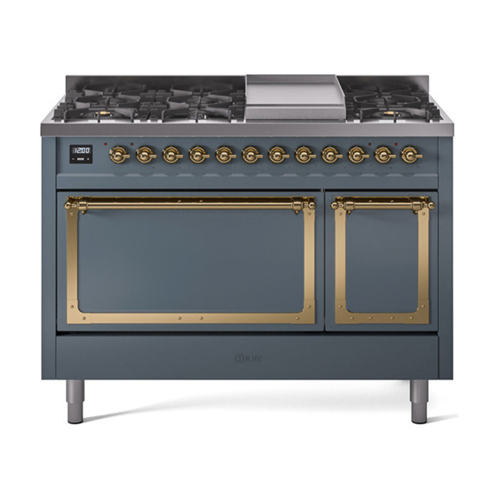 Freestanding gas range in blue grey with brass control accents and two oven doors