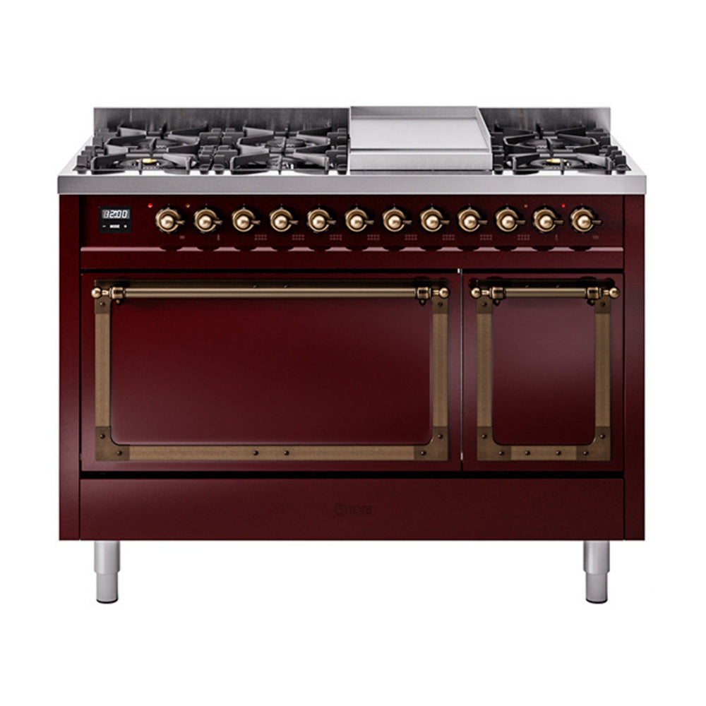 Burgundy freestanding gas range with bronze-trim burners and solid door oven, front view
