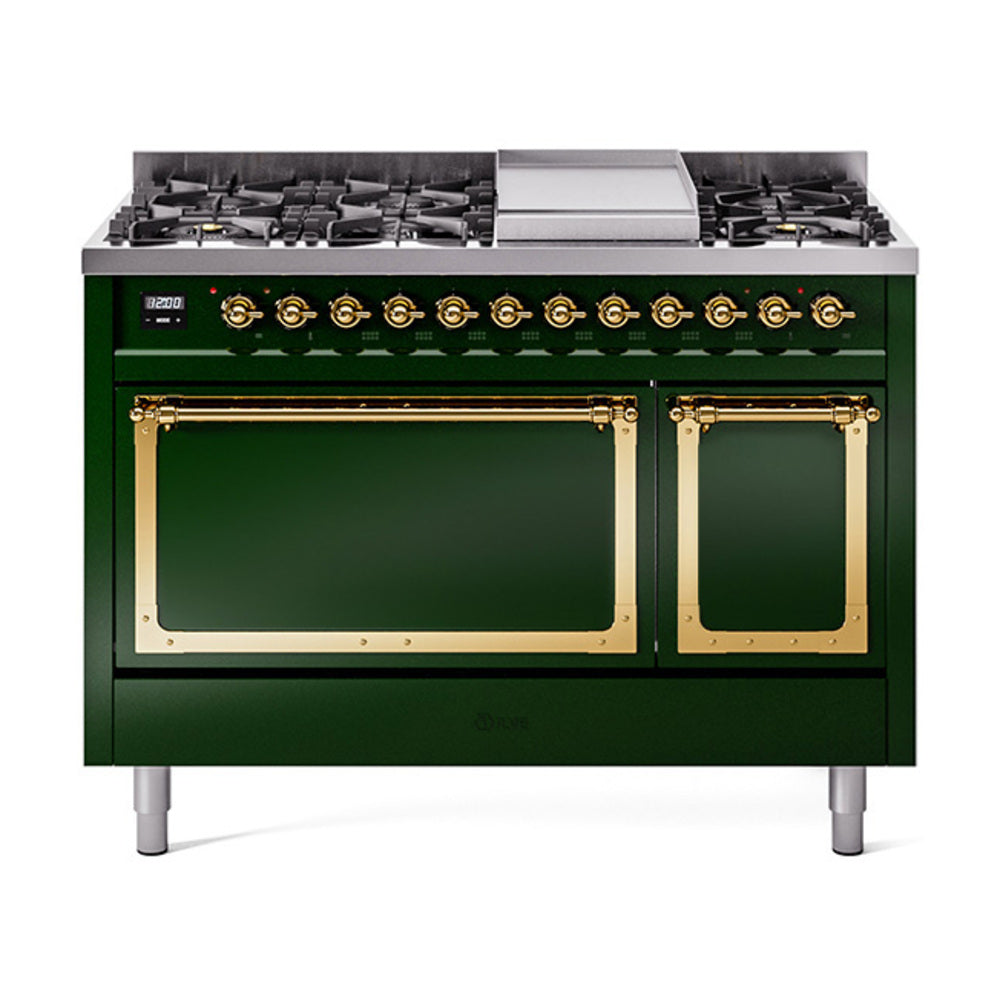Freestanding gas range in emerald green with brass-trim control panel and burner grates