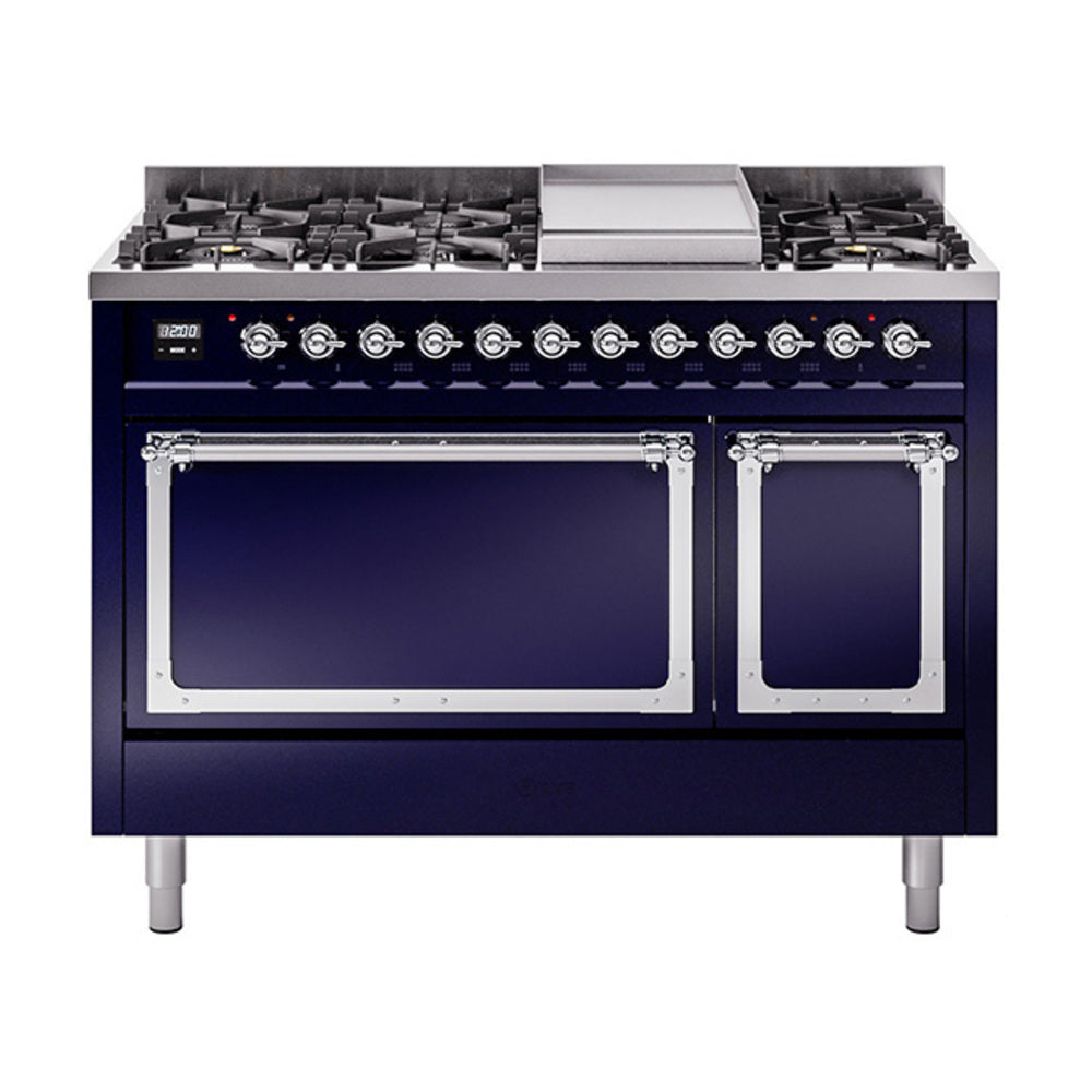 Midnight blue freestanding dual-fuel range with chrome-trim control panel and burners