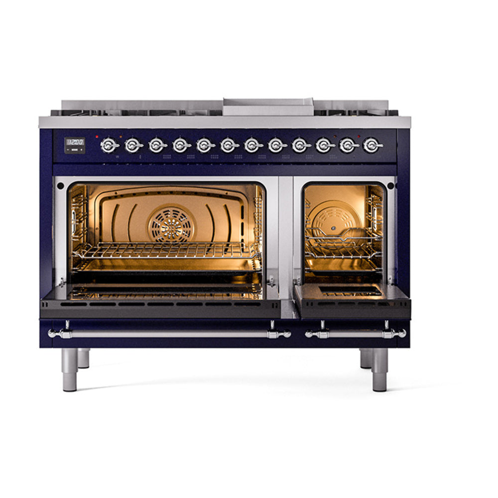 Midnight blue freestanding dual-fuel range with two open solid-door ovens and chrome knobs