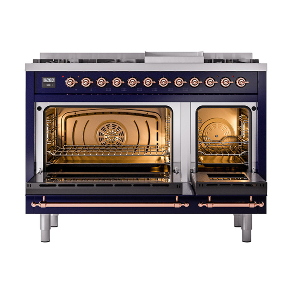 ILVE dual-fuel gas range with open solid-door ovens and copper handle trim