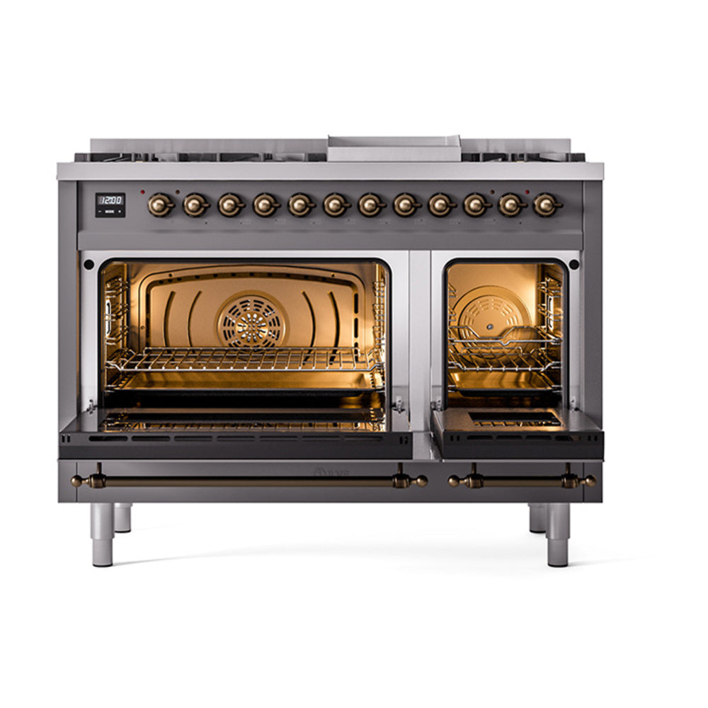 Freestanding dual-fuel range with both ovens open, showing interior racks and burners