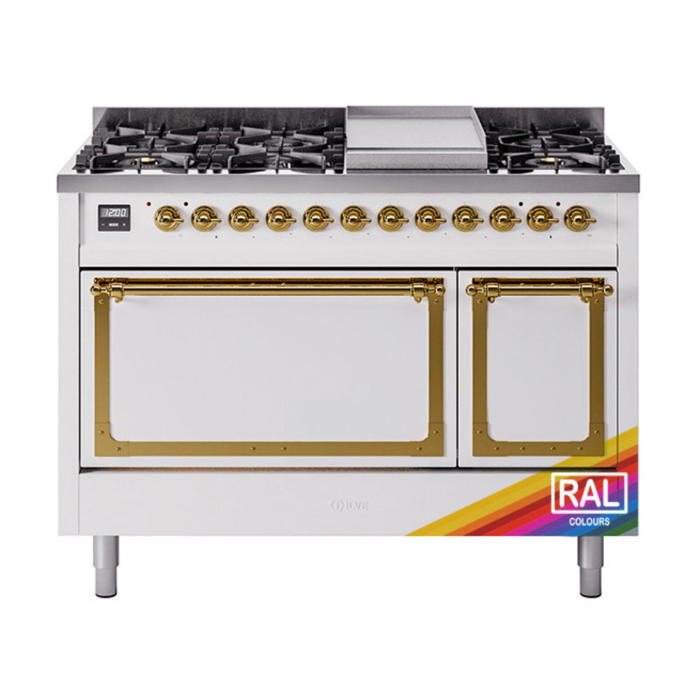 48-inch freestanding dual fuel range with brass-trimmed solid door oven, natural gas.