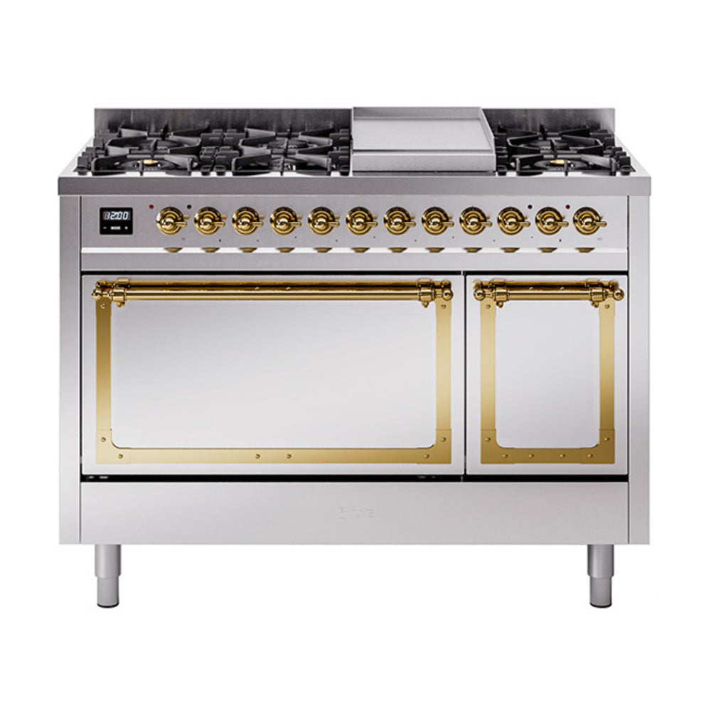 Stainless steel freestanding dual fuel range with brass-trim burners and control knobs