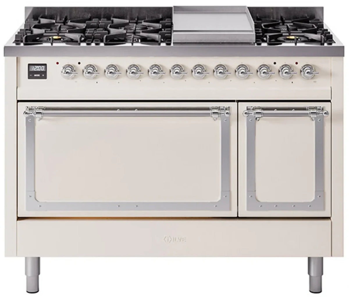 48-inch freestanding dual fuel range in antique white with chrome-trimmed oven doors