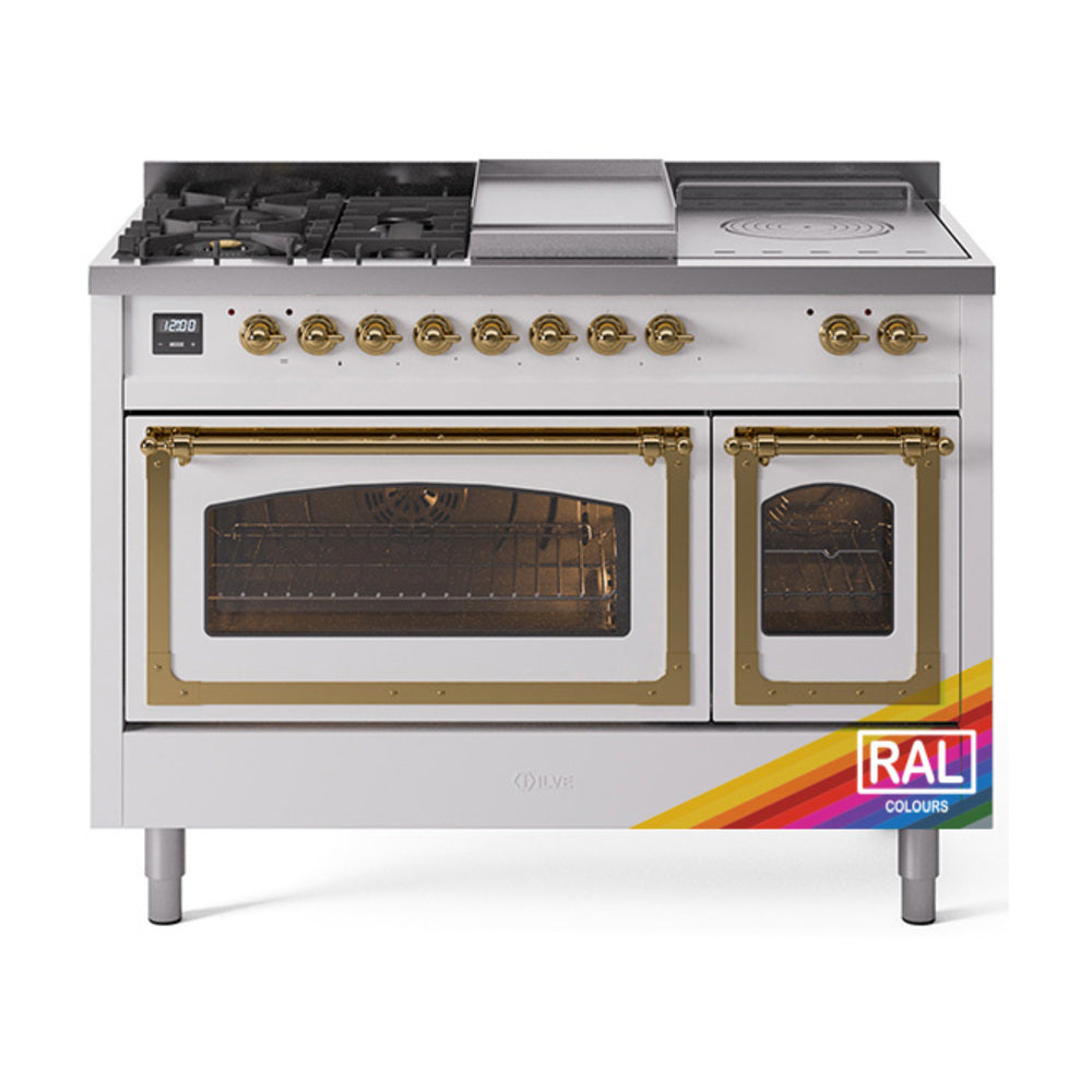 ILVE Nostalgie II dual-fuel range with dual ovens, brass-trimmed glass doors, white finish
