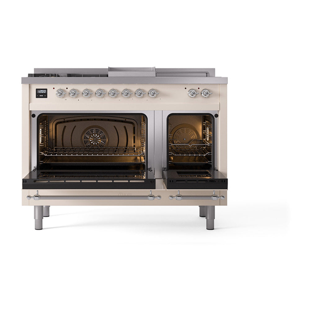 Antique white dual fuel range with both oven doors open, showing two bake compartments