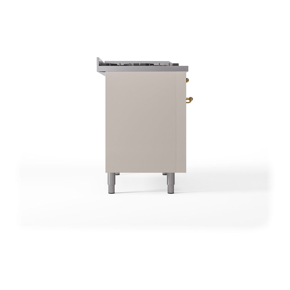 Antique white solid side panel of dual-fuel gas range with brass corner fittings
