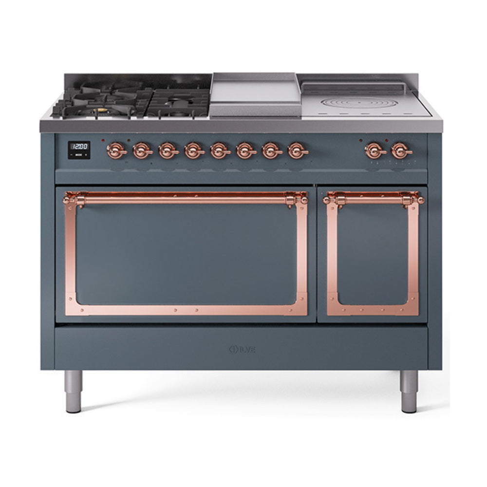 Blue-grey dual fuel gas range with copper trim, 5 burner cooktop and solid oven doors