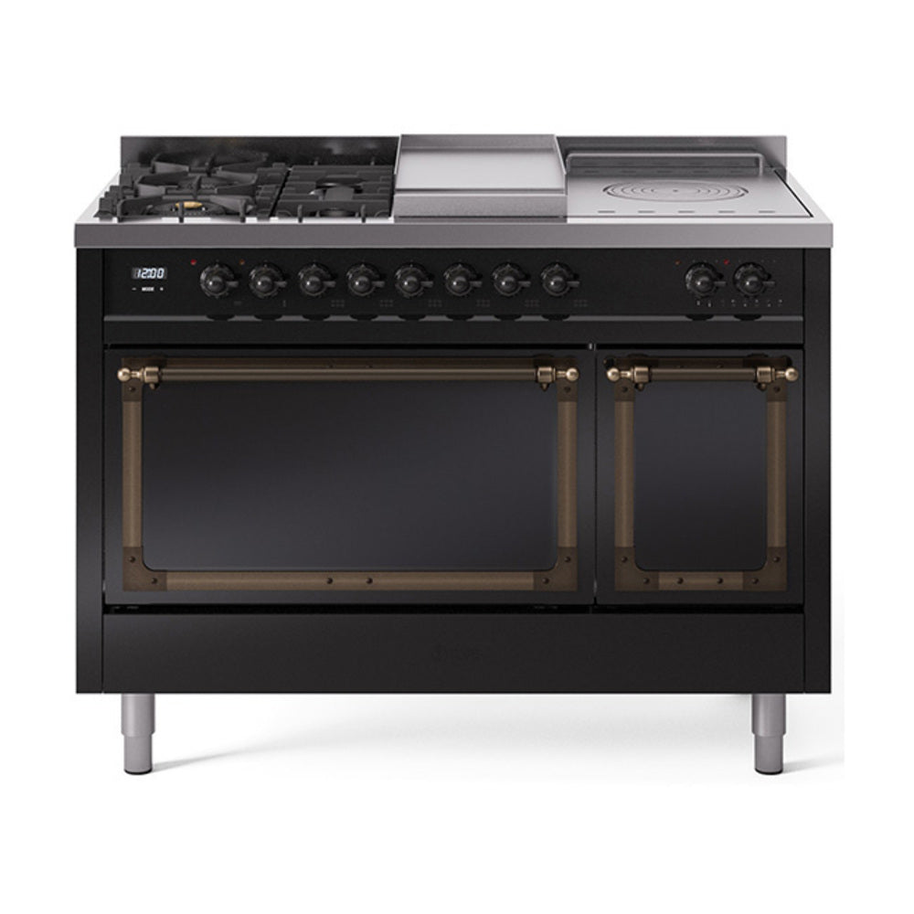 ILVE dual fuel range, glossy black front with bronze-trim oven doors and 5 sealed burners
