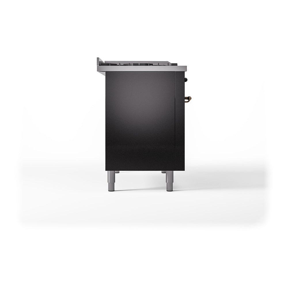ILVE dual fuel range rear view, black cabinet with service ports and 4 leveling legs