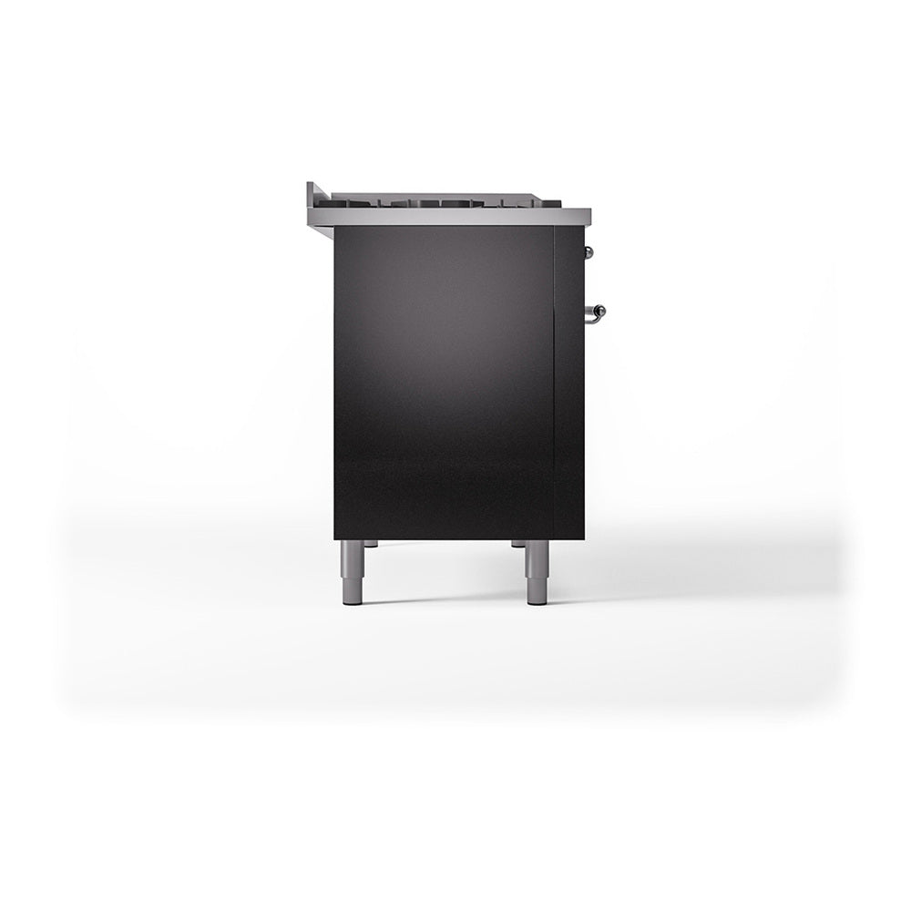 Dual fuel range with solid oven doors, black exterior, side view, chrome-capped legs