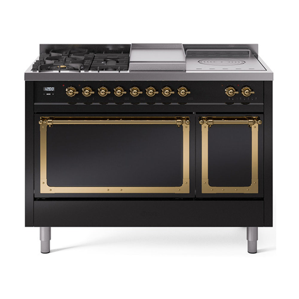 Glossy black dual fuel range with 5 burners, griddle, and two brass-trim oven doors