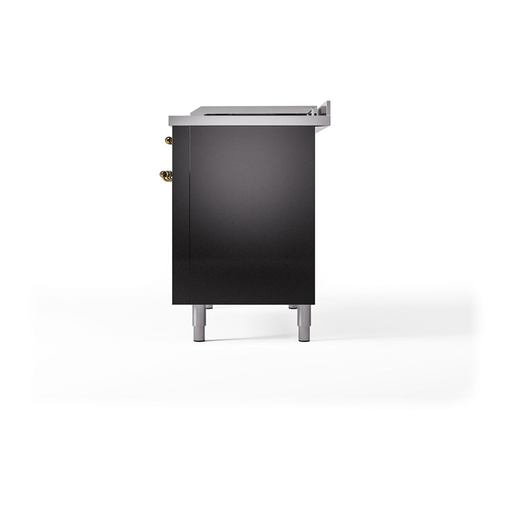 Black range side panel with brass-capped mounting hardware and feet