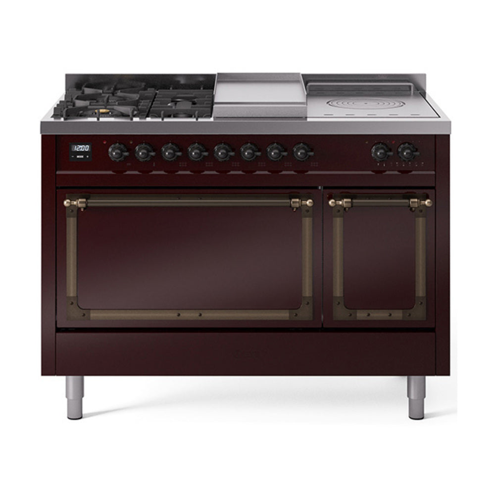 Burgundy dual-fuel range with 5 burners, griddle top, and dual oven doors