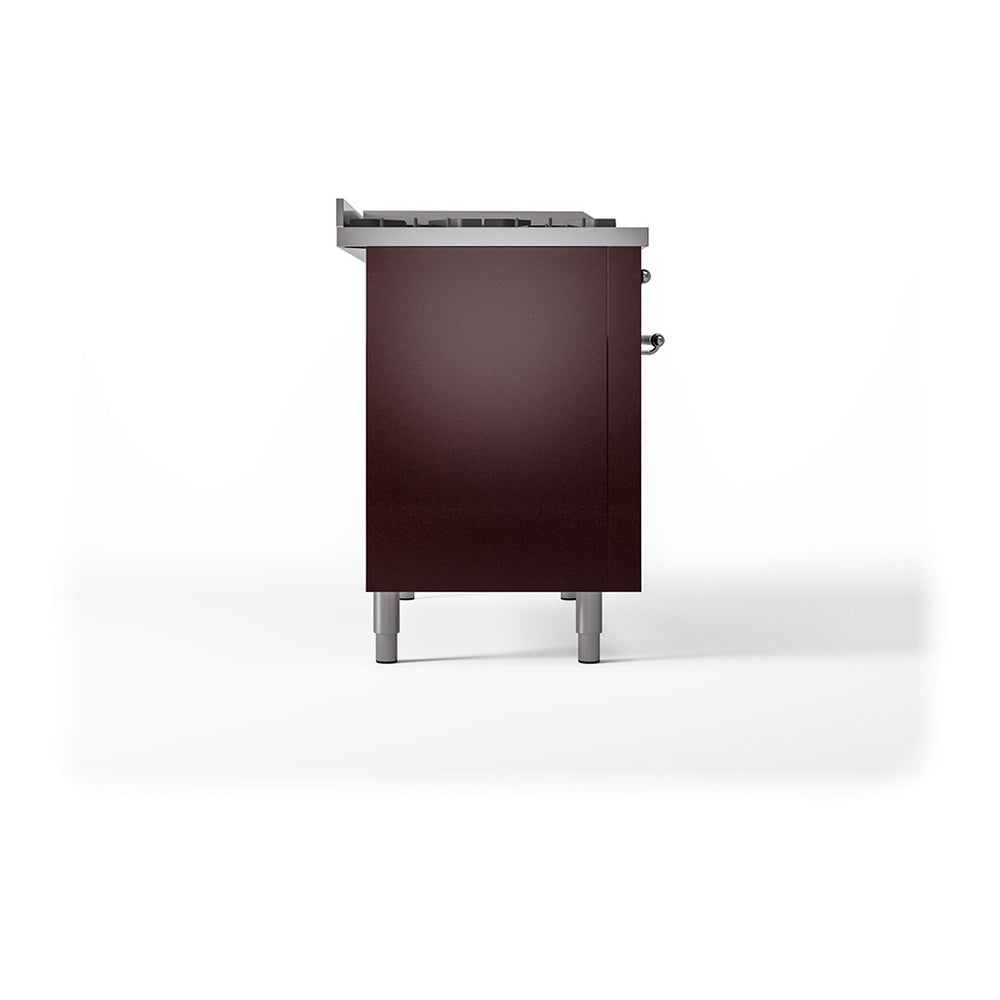 Burgundy range back panel with chrome top edge and four leveling legs