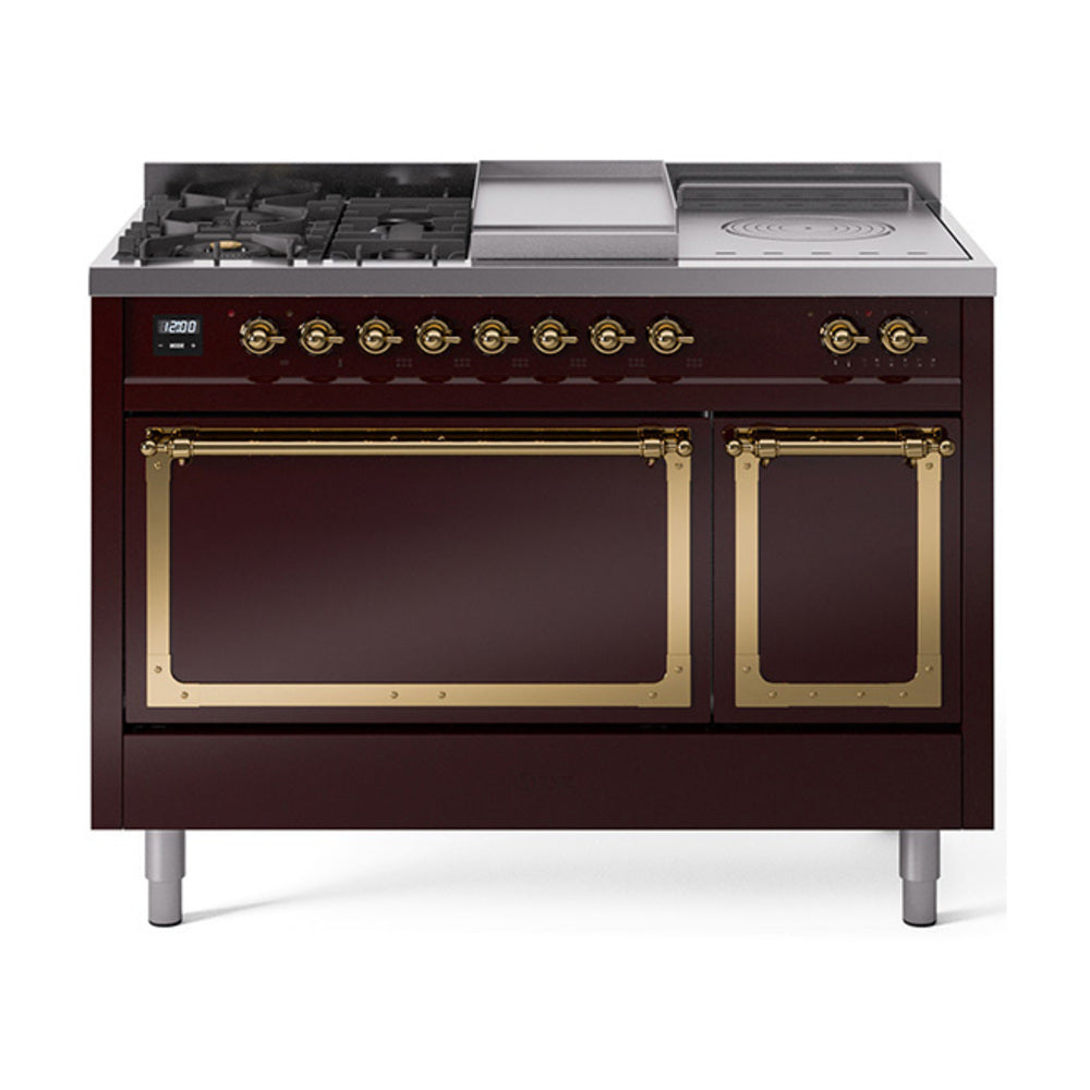 Burgundy dual fuel range with brass trim, 5 burners, griddle, French top and solid oven doors
