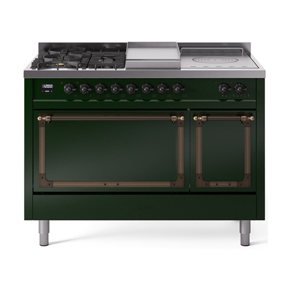 Emerald green dual fuel range with bronze trim, burner knobs, and two oven doors.