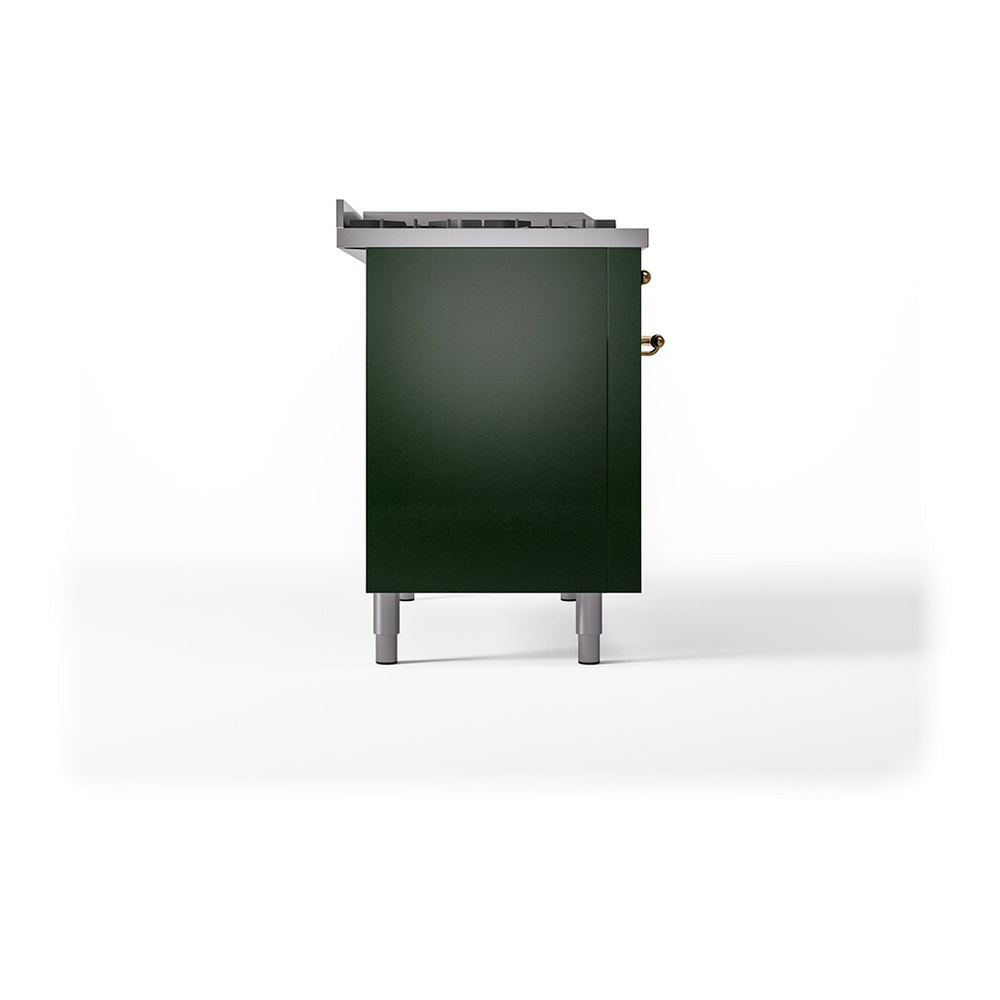 Emerald green range back panel with brass knobs and silver top surface
