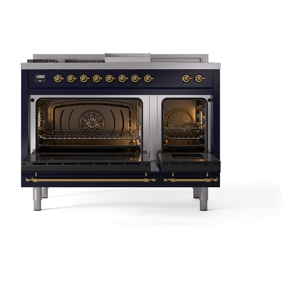Midnight blue dual-fuel range with two open oven doors and brass burner control knobs